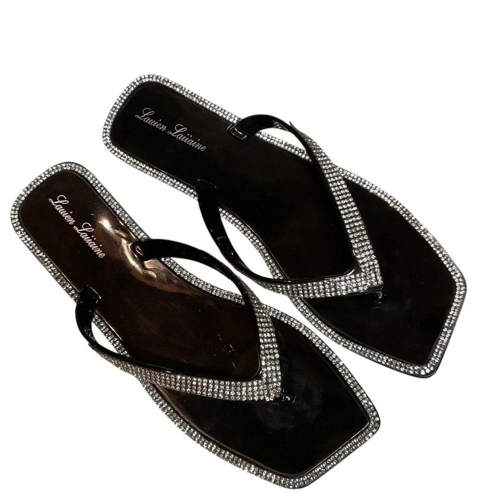 Lauren Lorraine Tampa Rhinestone Flip Flops Jelly Thong Sandals Black Size 6 NWB